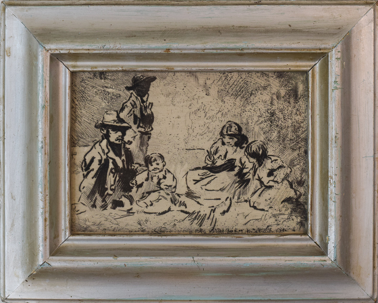 Two figures in a field with children - In on paper