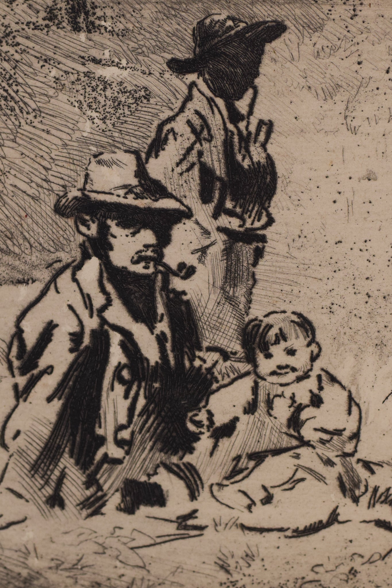 Two figures in a field with children - In on paper