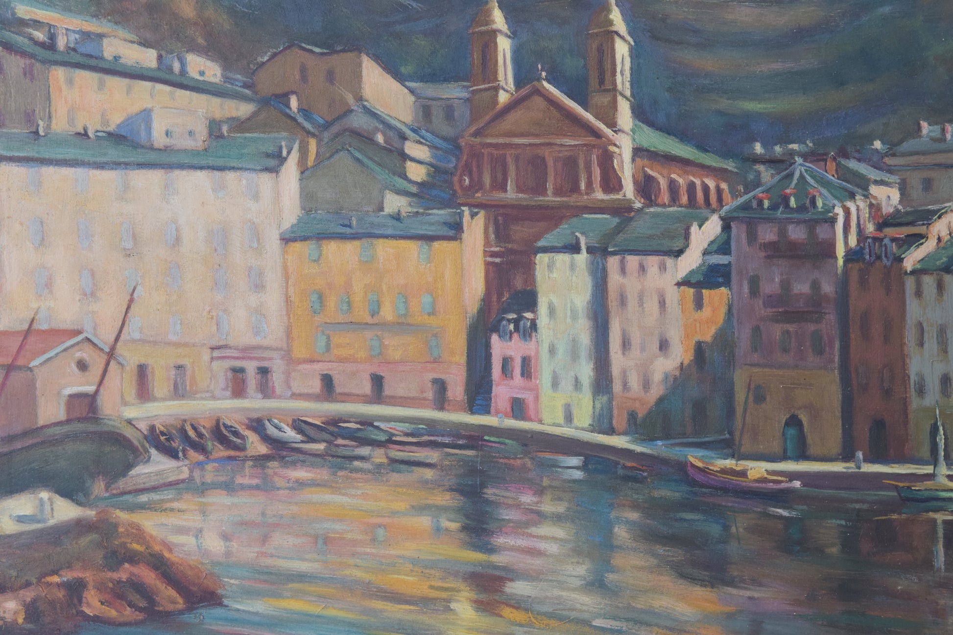 Port Scene with Fishing Boats and Mountains - Oil on board - Modern Decorative