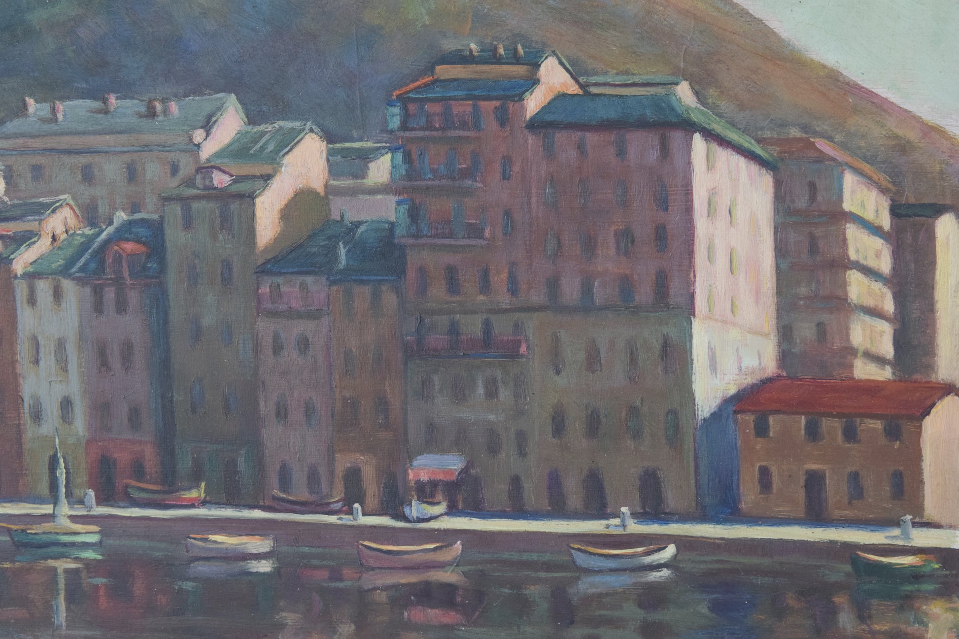 Port Scene with Fishing Boats and Mountains - Oil on board - Modern Decorative