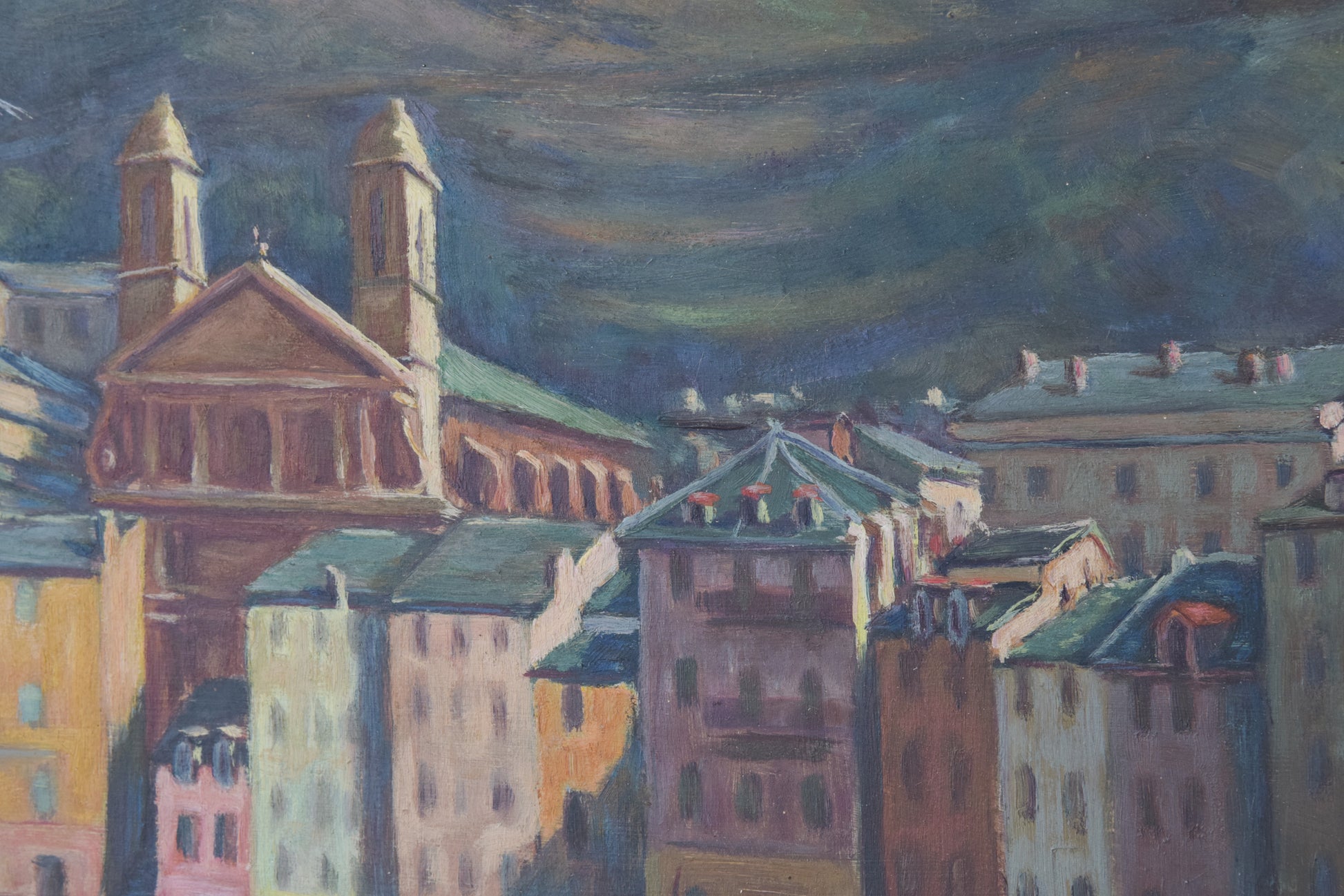 Port Scene with Fishing Boats and Mountains - Oil on board - Modern Decorative