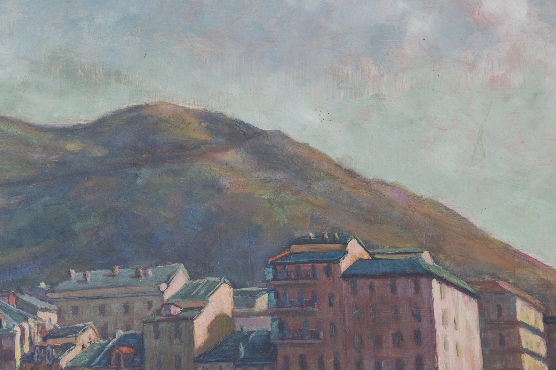 Port Scene with Fishing Boats and Mountains - Oil on board - Modern Decorative