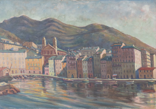 Port Scene with Fishing Boats and Mountains - Oil on board - Modern Decorative