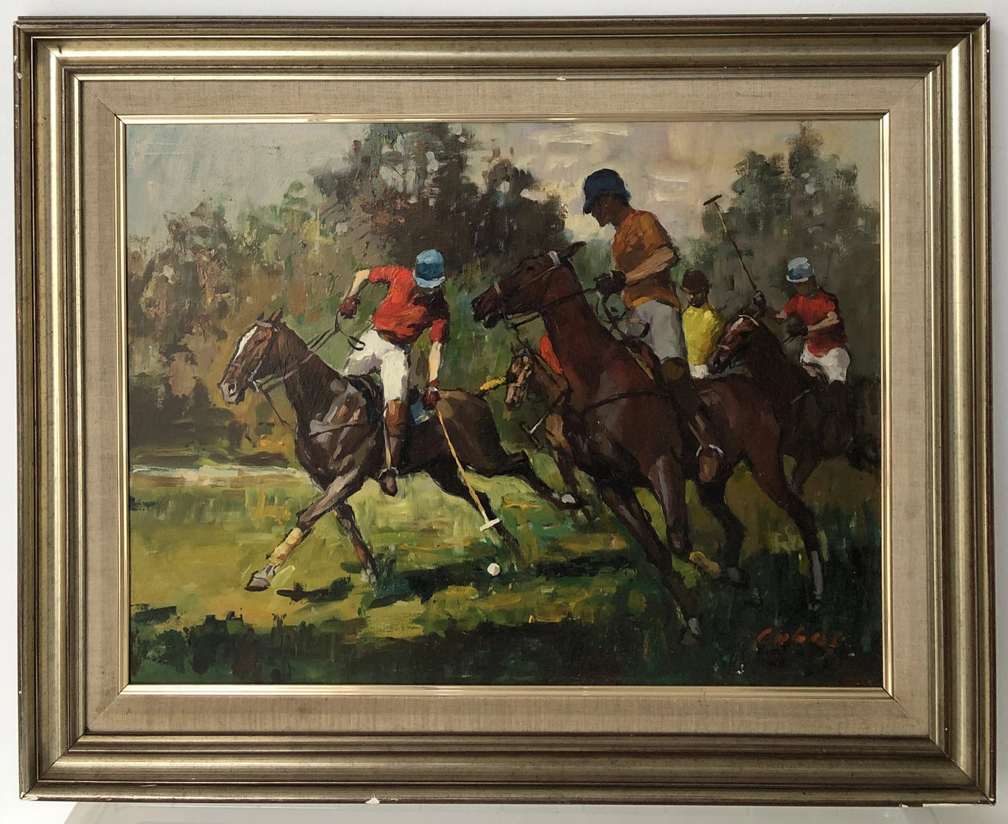 Polo Players Original Oil on Board Signed - Modern Decorative