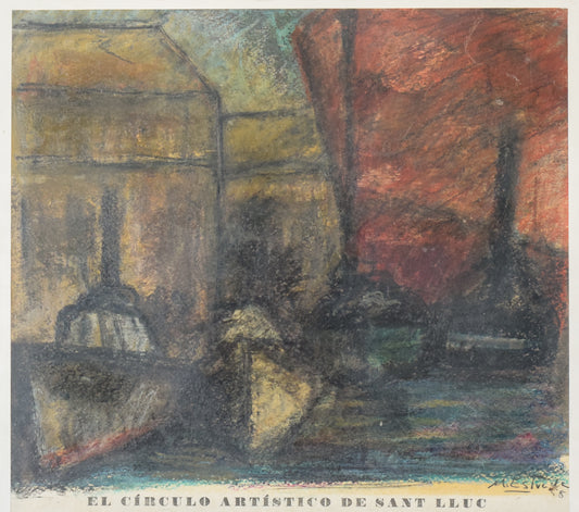 'El Círculo Artístico de Sant Lluc' Expressive Harbour Scene Lithograph