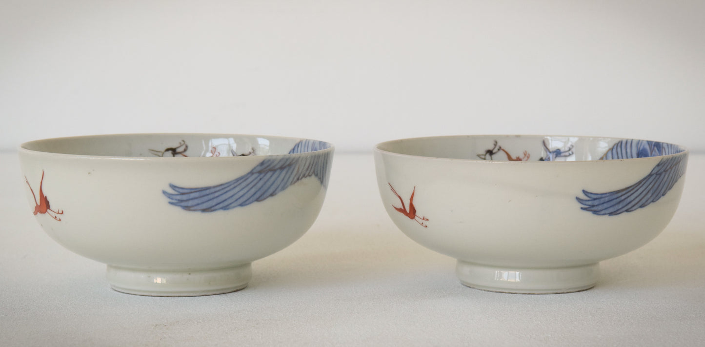 Pair - Oriental Bowls with cranes