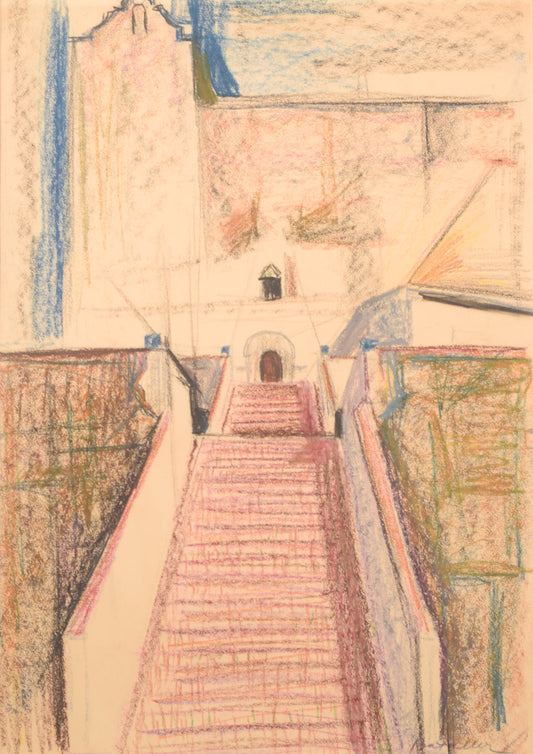 Modernist Coloured Drawing of a Church and Stairway