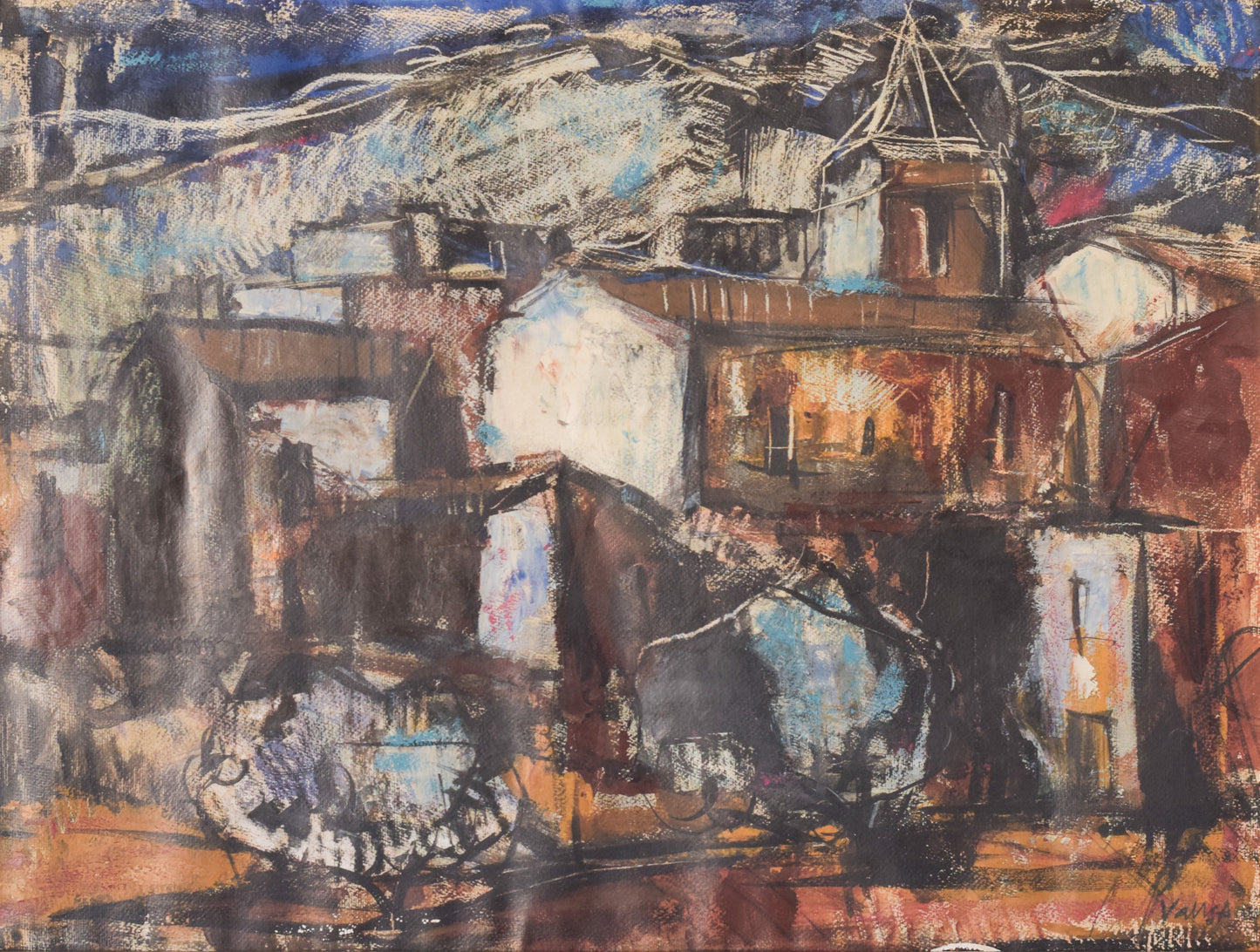 Modernist - Painting of a Town in Mixed Media - Modern Decorative