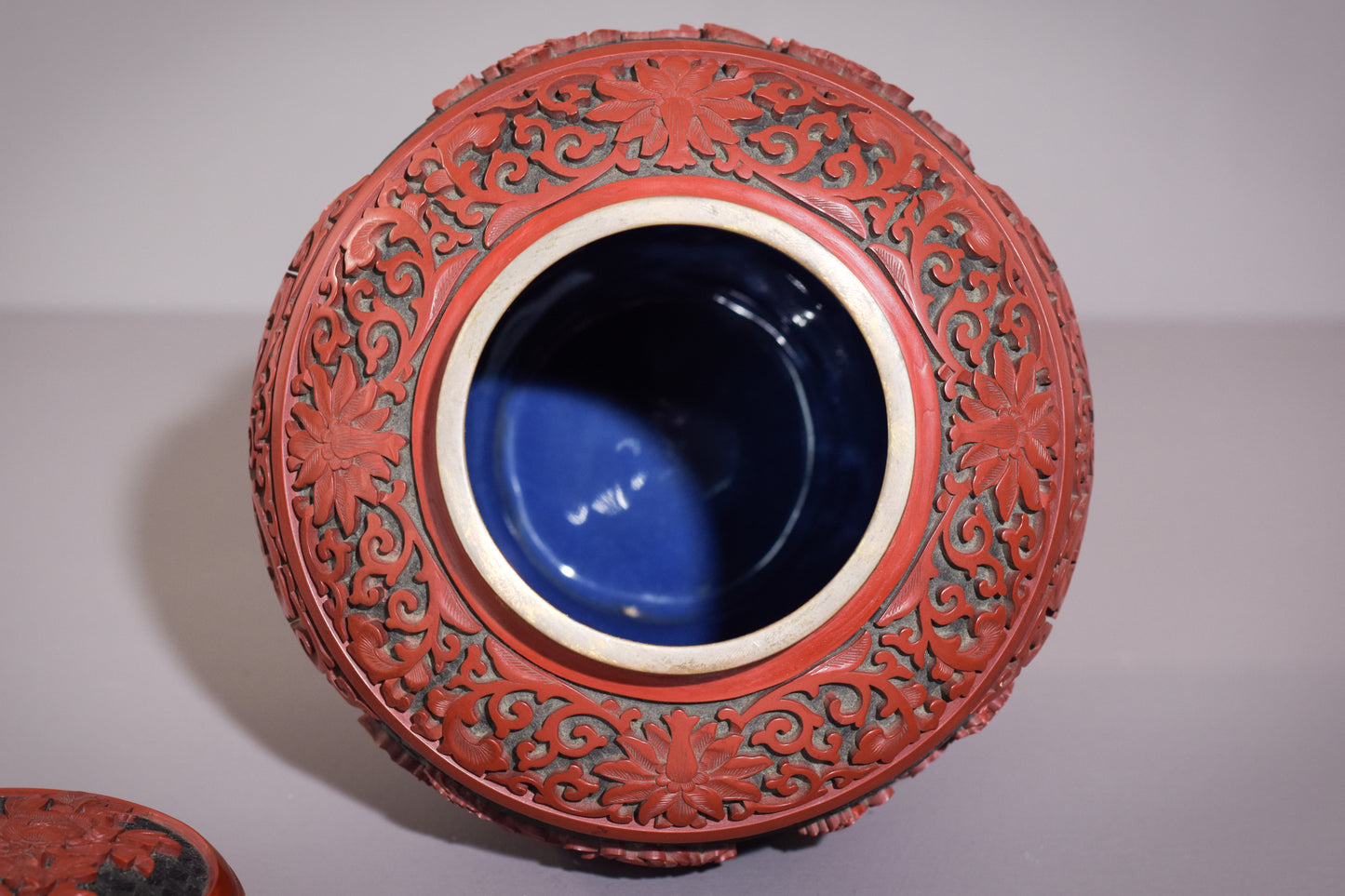 Hand Carved Two Tone Lacquered Ginger Jar on Copper - Modern Decorative