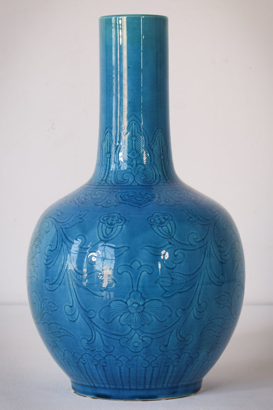 Large - Chinese Turquoise Glazed Lotus Bottle - Modern Decorative