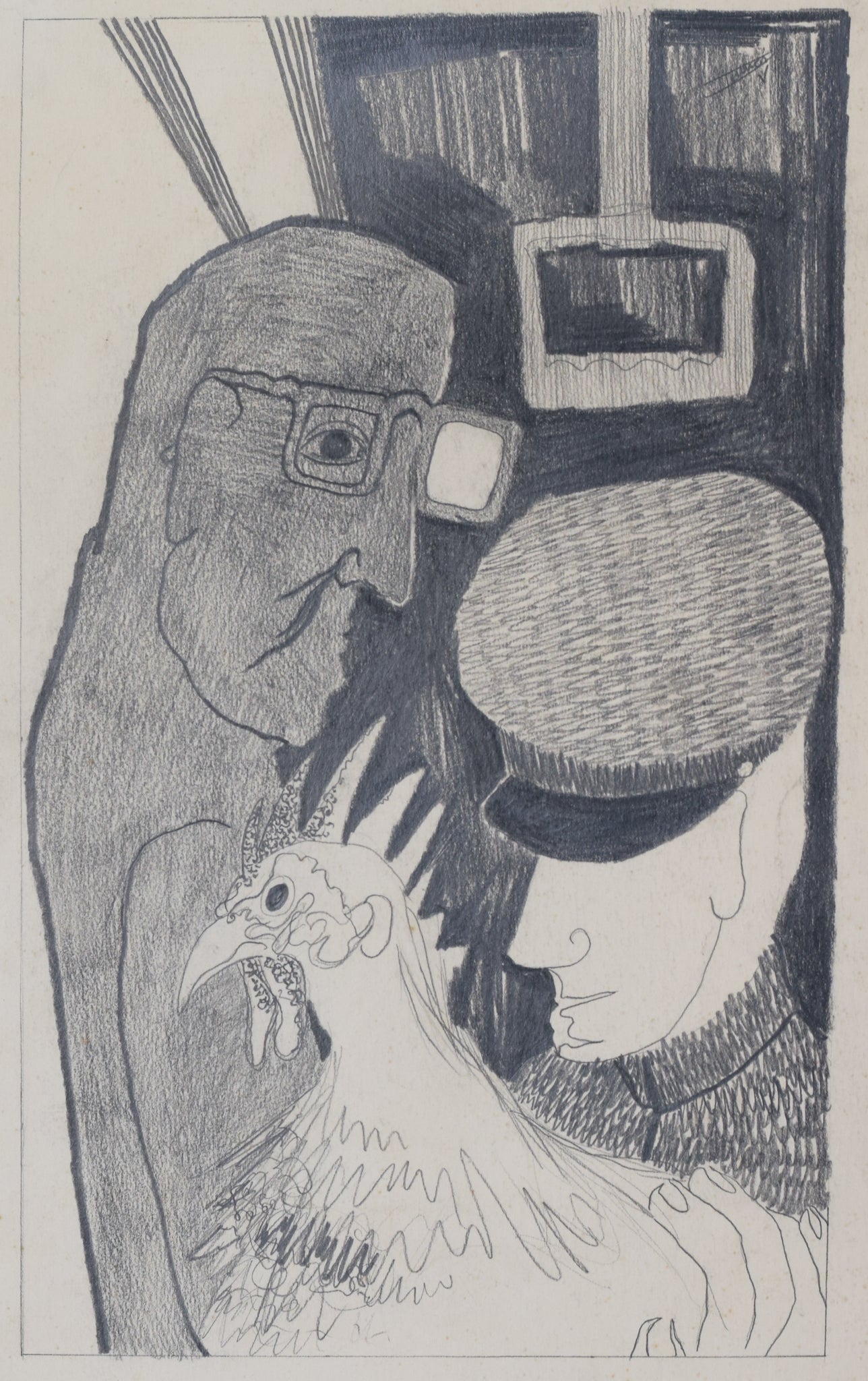 Post-War Drawing of Man, Guard and Cockerel - Modern Decorative