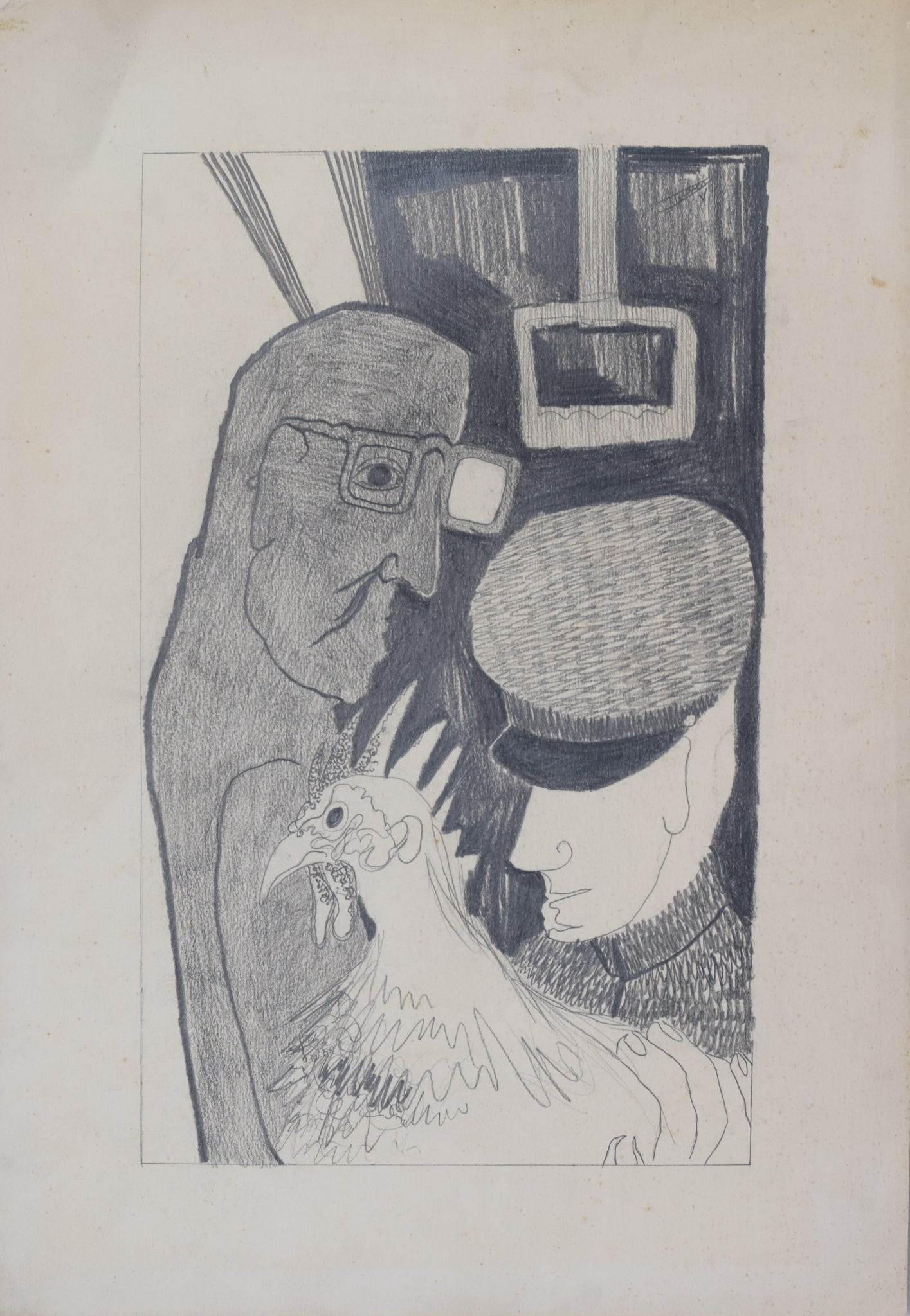 Post-War Drawing of Man, Guard and Cockerel - Modern Decorative