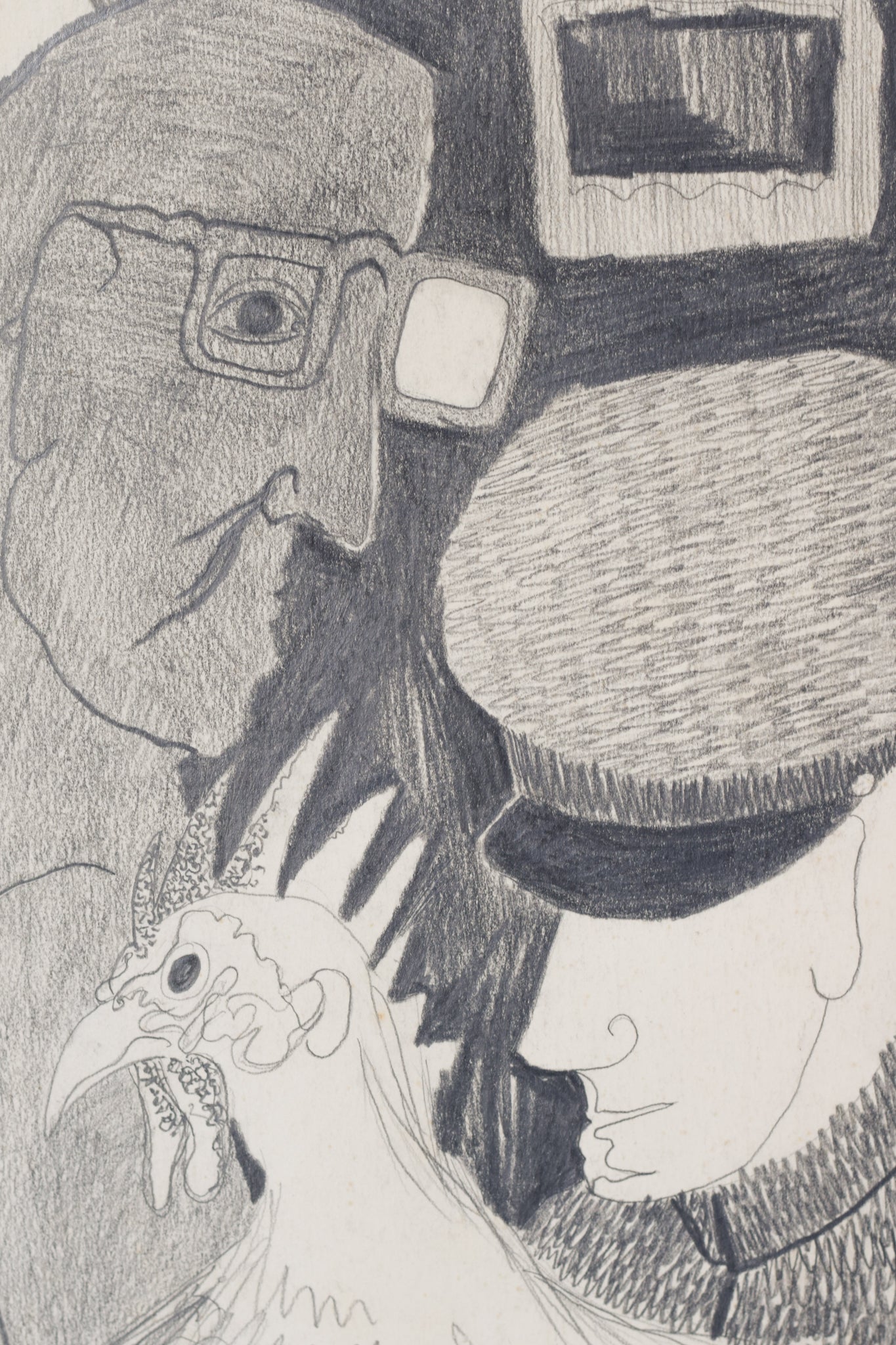 Post-War Drawing of Man, Guard and Cockerel - Modern Decorative