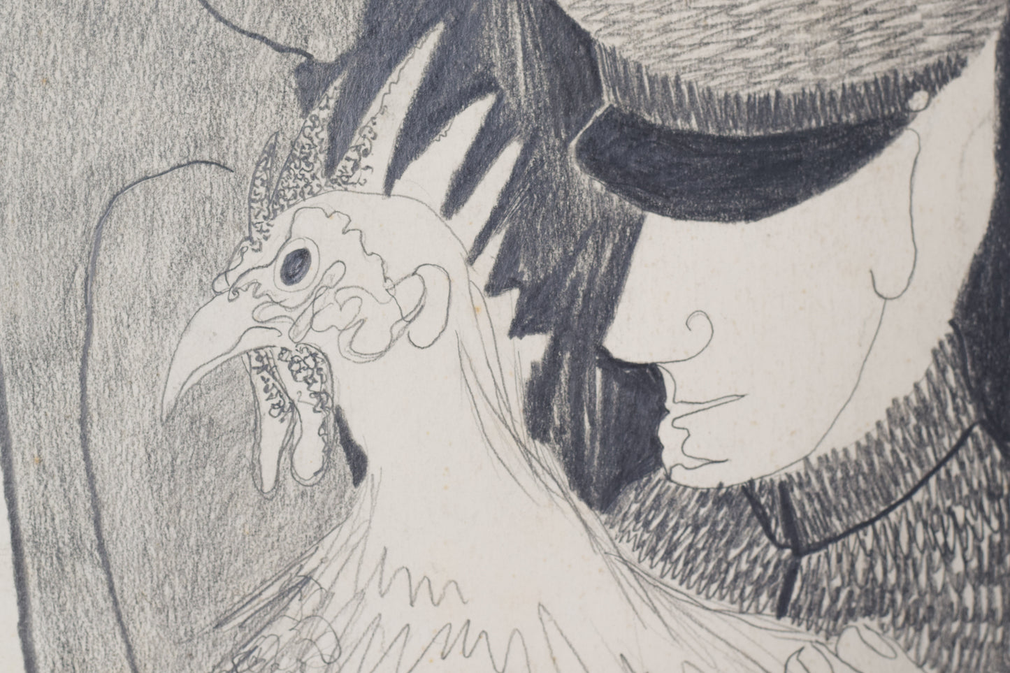 Post-War Drawing of Man, Guard and Cockerel - Modern Decorative