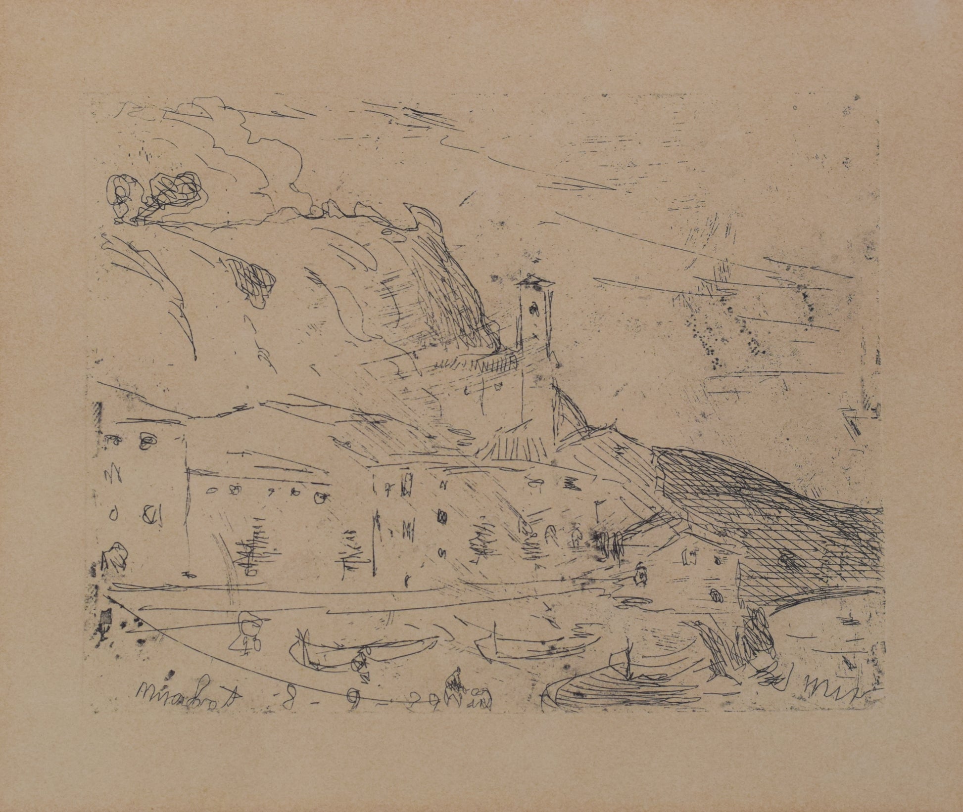 Joaquin Mir Trinxet - Fishing Village - Etching, 1929 - Modern Decorative