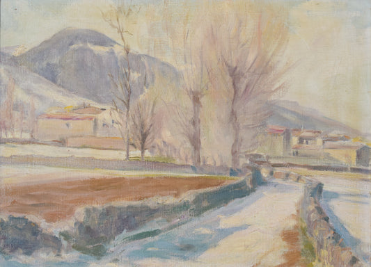 Impressionist Snowscape With Trees, Mountains and Village