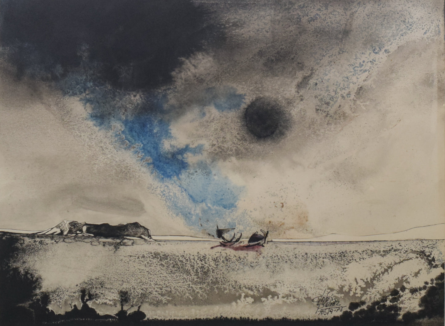 Boat on a Moonlit Seascape - Watercolour