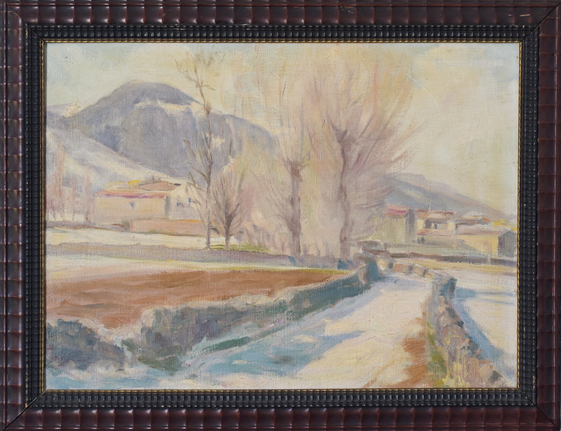Impressionist Snowscape With Trees, Mountains and Village_Framed