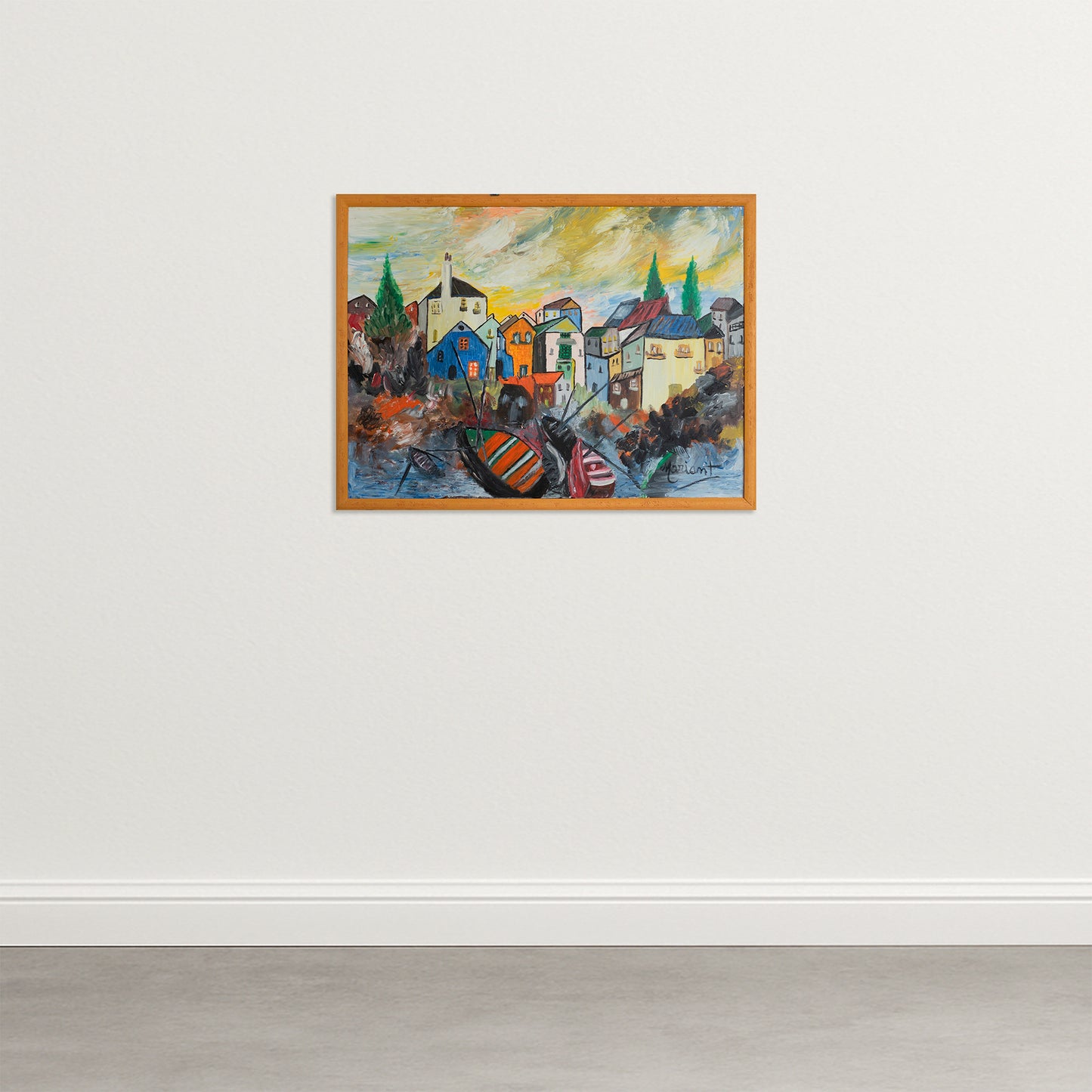 Colorful Mediterranean Village Scene with Boats