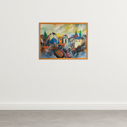 Colorful Mediterranean Village Scene with Boats