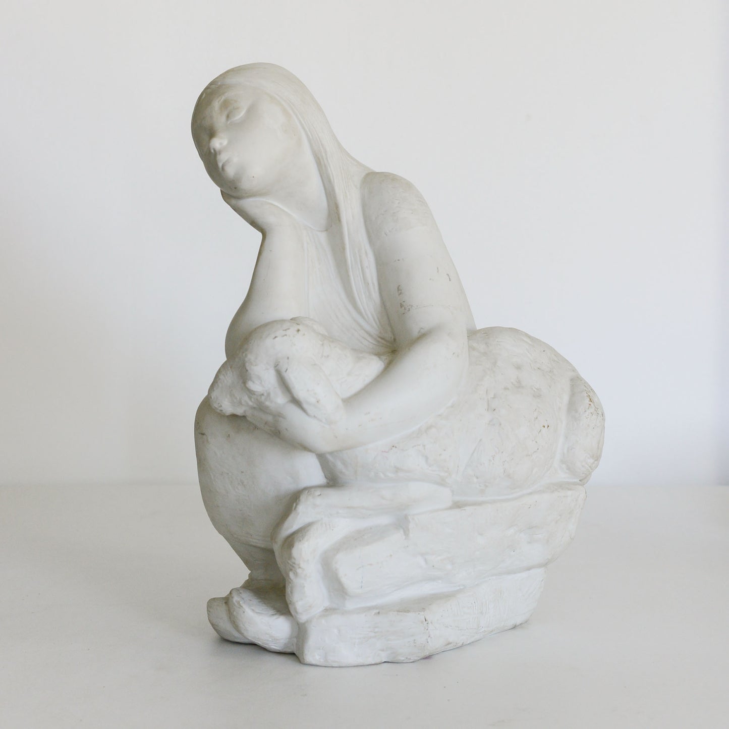 Girl with Lamb - Parian Ware Sculpture - Signed