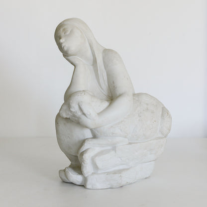 Girl with Lamb - Parian Ware Sculpture - Signed
