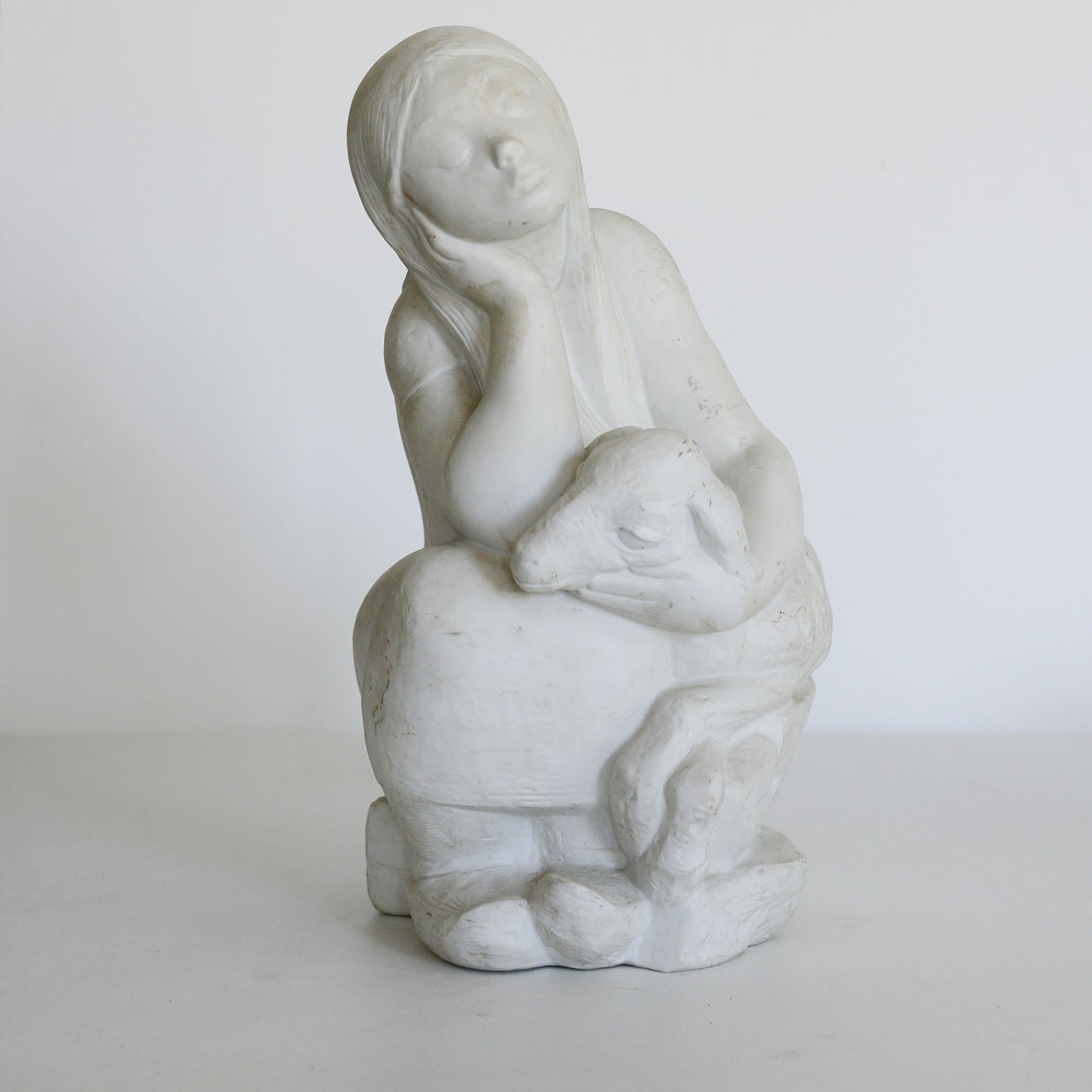 Girl with Lamb - Parian Ware Sculpture - Signed