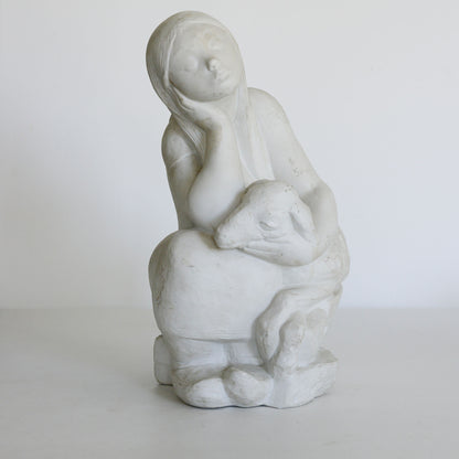 Girl with Lamb - Parian Ware Sculpture - Signed