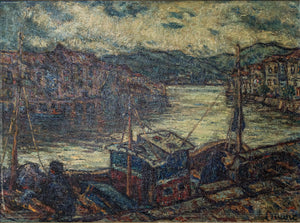 Atmospheric Signed Impressionist Oil - Barges in a Port - Modern Decorative