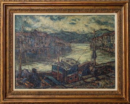 Atmospheric Signed Impressionist Oil - Barges in a Port