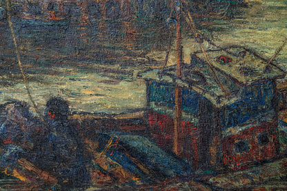 Atmospheric Signed Impressionist Oil - Barges in a Port