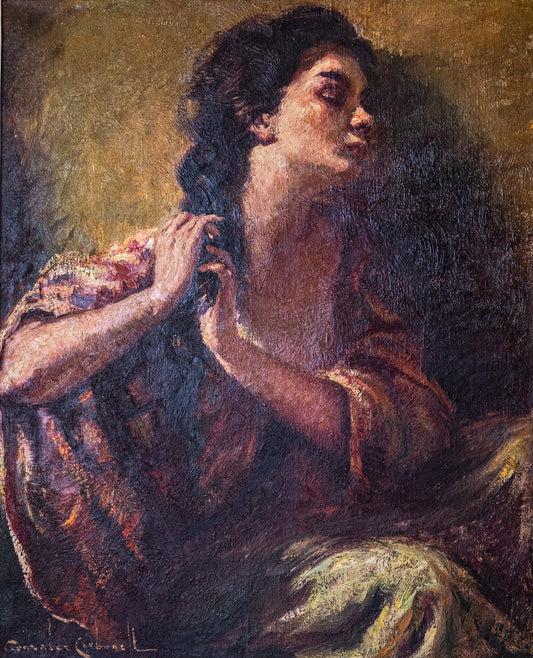Senorita plaiting her hair - Large Framed Oil on Canvas