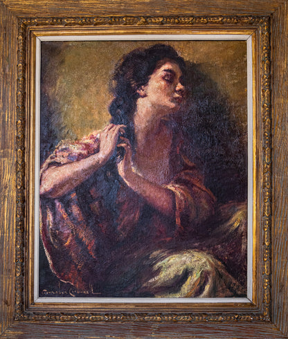 Senorita plaiting her hair - Large Framed Oil on Canvas