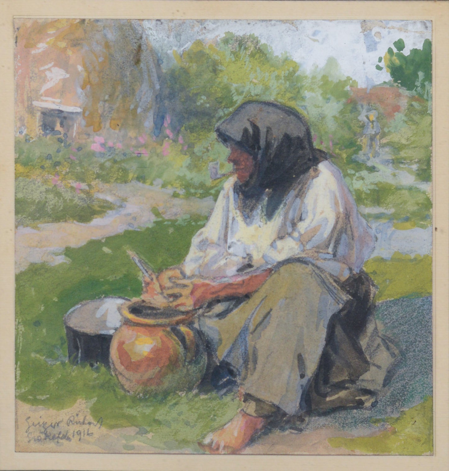 Peasant Lady Smoking a Pipe While Working - Framed Watercolour
