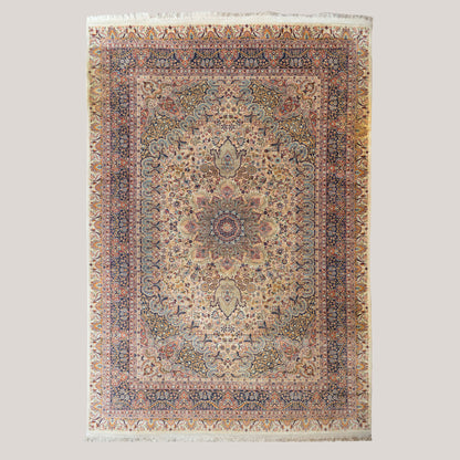 Large Vintage Persian Floral Area Rug – Ivory & Navy – 312 × 217 cm
