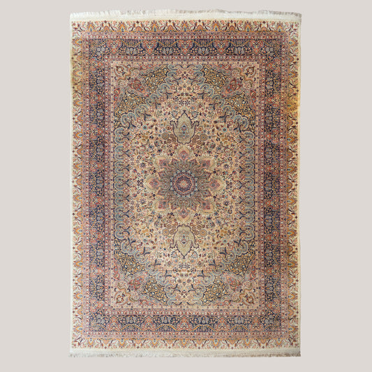 Large Vintage Persian Floral Area Rug – Ivory & Navy – 312 × 217 cm