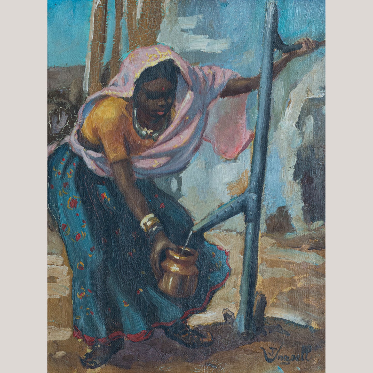 Vintage Oil Painting of a African Woman Drawing Water, Signed