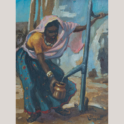 Vintage Oil Painting of a African Woman Drawing Water, Signed