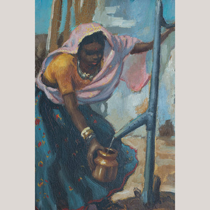 Vintage Oil Painting of a African Woman Drawing Water, Signed