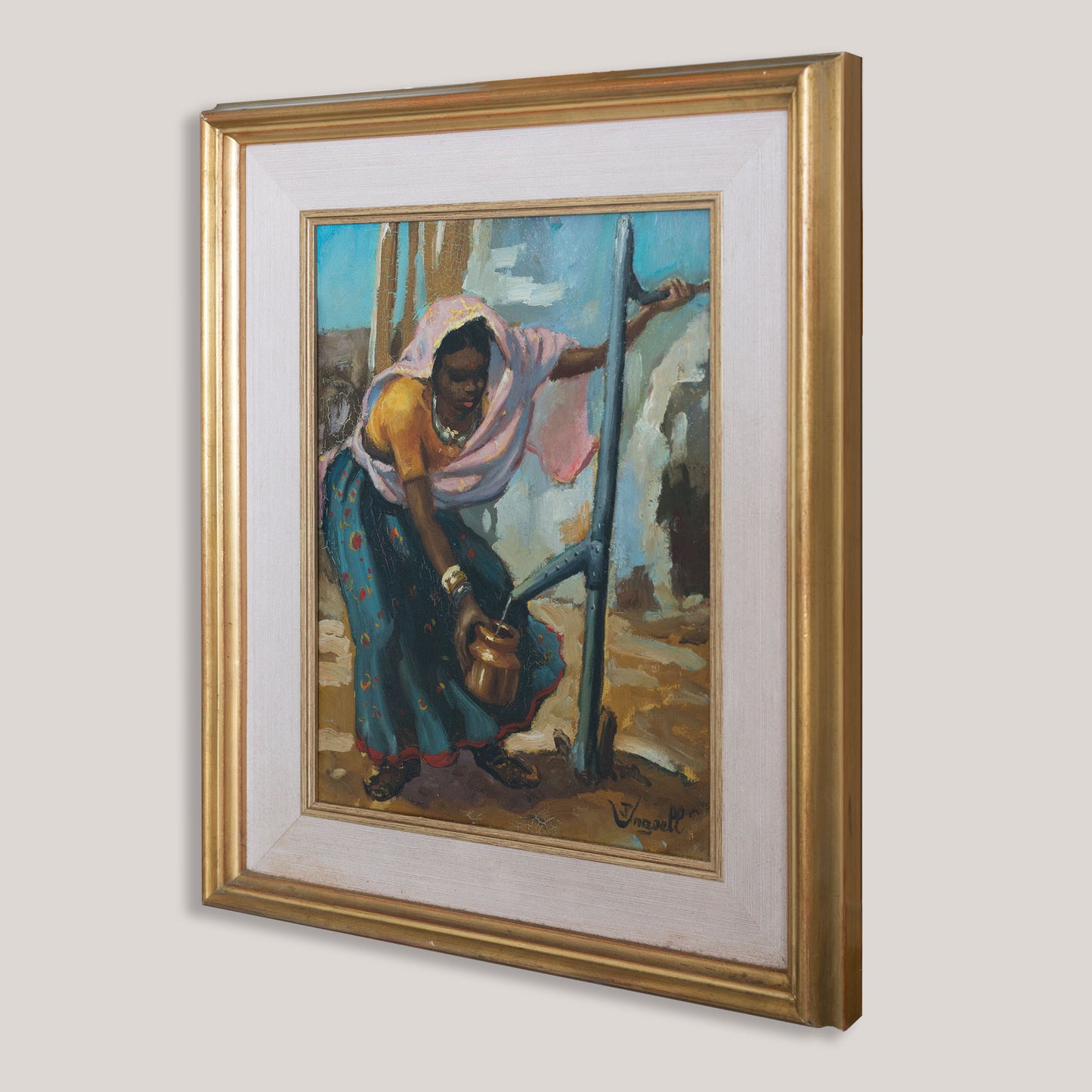 Vintage Oil Painting of a African Woman Drawing Water, Signed