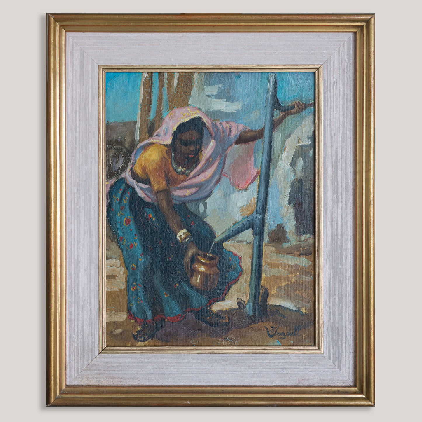 Vintage Oil Painting of a African Woman Drawing Water, Signed