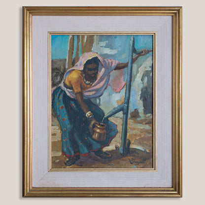Vintage Oil Painting of a African Woman Drawing Water, Signed