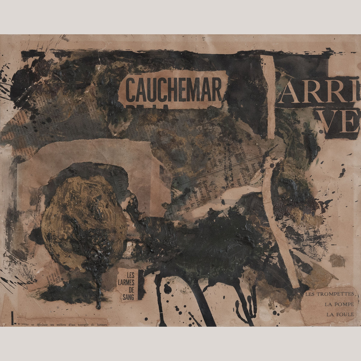 Abstract collage with torn French and Spanish newspaper fragments, black gestural paint, drips and textured ochre passages.