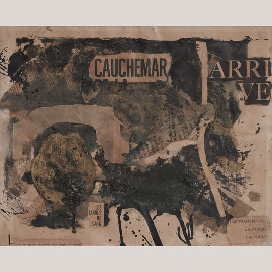 Abstract collage with torn French and Spanish newspaper fragments, black gestural paint, drips and textured ochre passages.