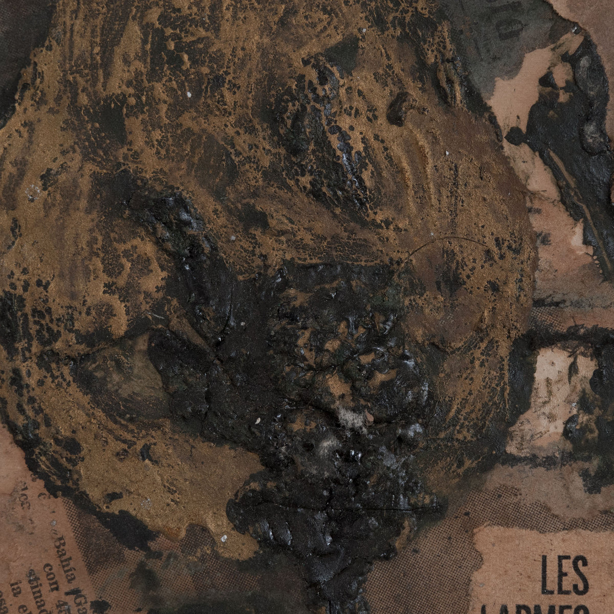 Abstract collage with torn French and Spanish newspaper fragments, black gestural paint, drips and textured ochre passages.