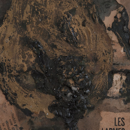 Abstract collage with torn French and Spanish newspaper fragments, black gestural paint, drips and textured ochre passages.