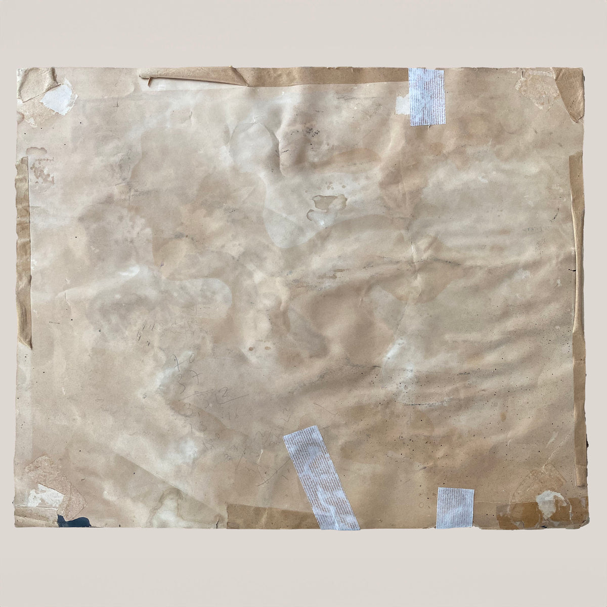 Abstract collage with torn French and Spanish newspaper fragments, black gestural paint, drips and textured ochre passages.
