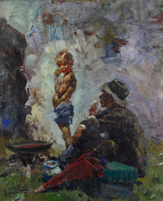 Josep Serra i Santa - Josep Serrasanta - Man and Boy by Camp Fire