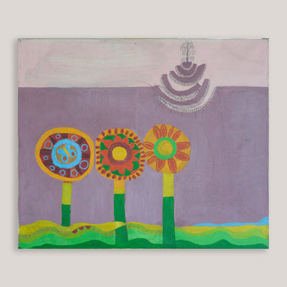 Abstract Floral Landscape – Mid Century Oil on Canvas