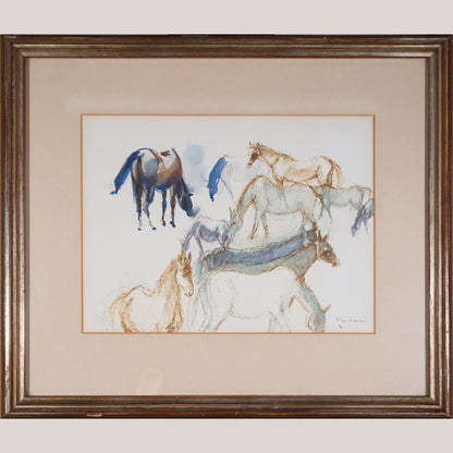 Framed Pen and Ink Watercolour Wash Signed Study of Horses